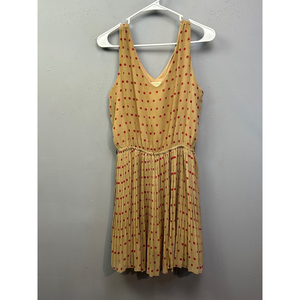 Pretty Good Dress Womens Medium Tan Red Polka Dot Pleated V-Neck Mini Preppy